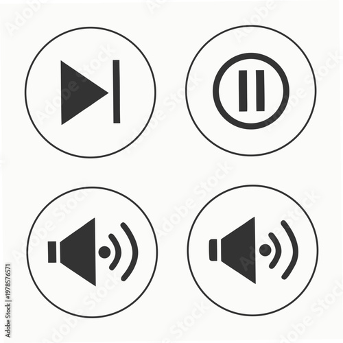 A set of four black and white audio control icons for play, pause, and volume