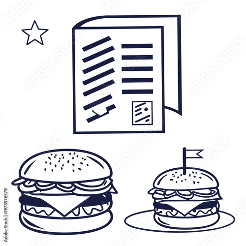 A minimalist vector graphic illustration of a menu with two burgers and a star