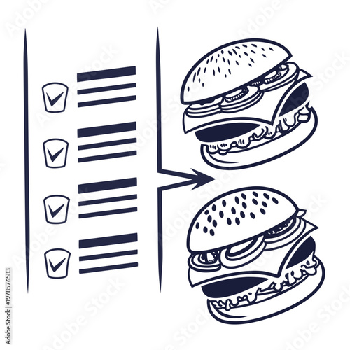 A vector graphic illustration of a checklist with two burgers