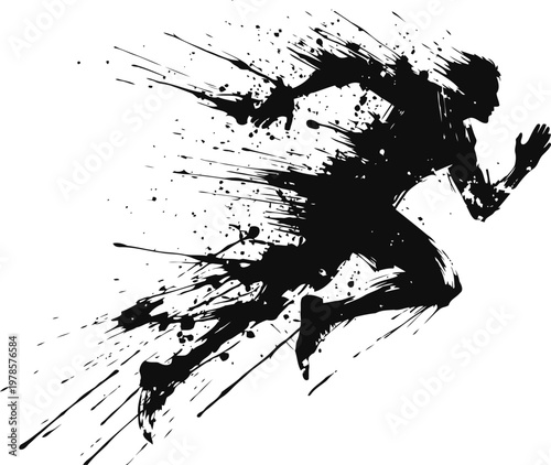 Dynamic silhouette of a sprinting athlete with black ink splatter effect in motion