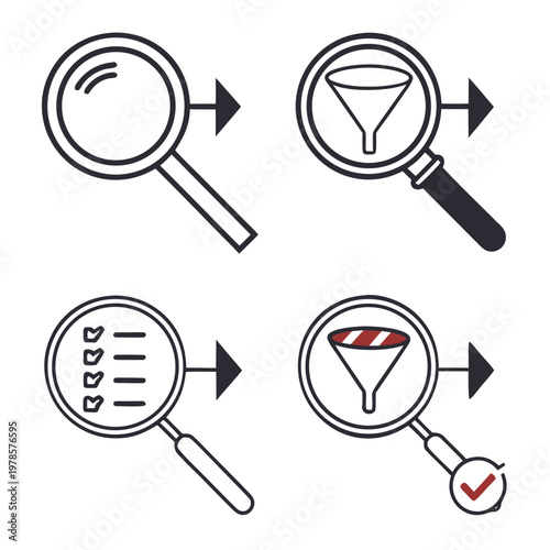 A set of four magnifying glass icons with different symbols inside, used for search and filtering