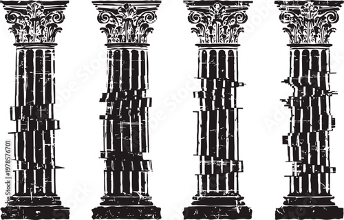 Four detailed black and white corinthian columns with ornate capitals and fluted shafts