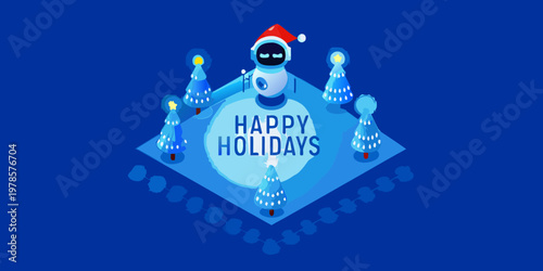 A festive robot wishes everyone happy holidays with winter scenery