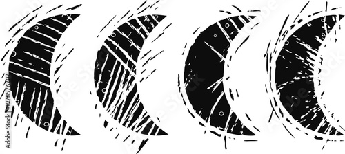 lunar phases illustration with artistic textured black and white crescent shapes