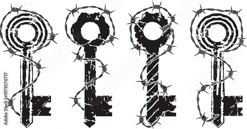 Four vintage keys wrapped with barbed wire in black and white grunge illustration