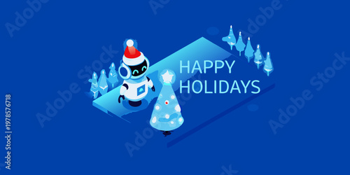 A festive robot wishes happy holidays amidst a wintry isometric scene
