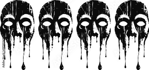 Dripping black skull masks in grunge with hollow eye sockets and melted paint effect