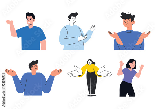 Set of People Shrugging and Open Hand Gesture Vector Illustrations with Men and Women Showing Presentation, Welcome, Confusion, and Explanation in Flat Style.