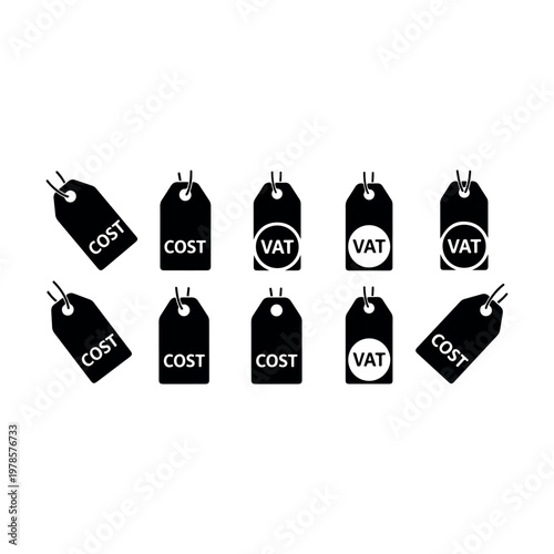 Assortment of cost price tags and value added tax symbols scattered on a clean white background vector illustration