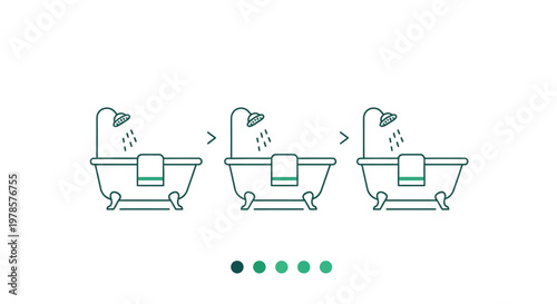 A minimalist illustration depicts the process of filling a clawfoot bathtub with water shown in three stages