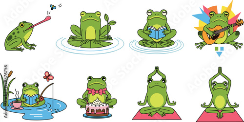 Playful Frog Vector Set Featuring Frogs with Guitars, Yoga Poses, Cakes, and Nature Activities for Fun, Animal, and Nature Designs