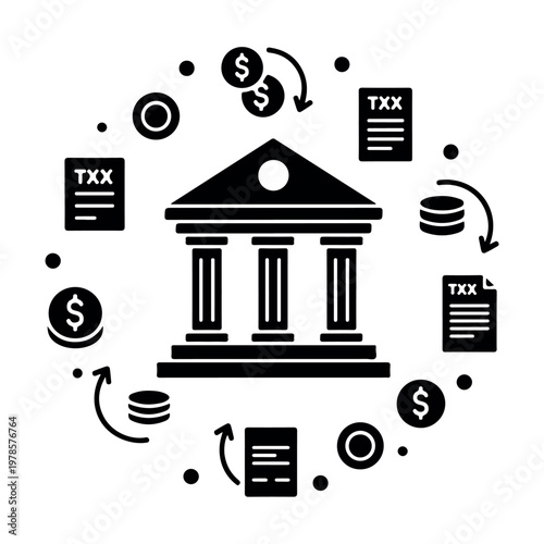Bank building icon with coins and tax documents surrounded by currency symbols and arrows