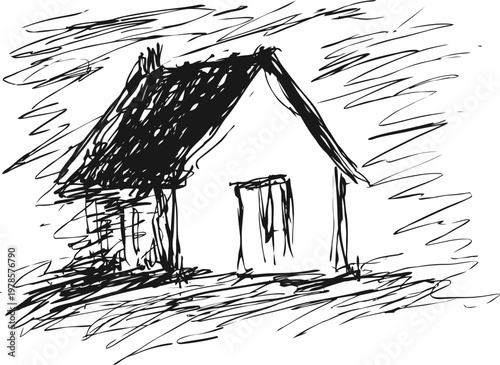 Simple hand drawn sketch of a small house with pitched roof and chimney on textured background