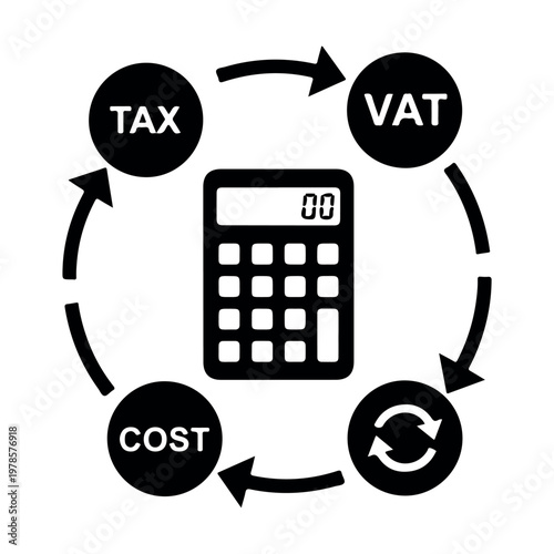 Calculator at center of circular flow diagram connecting tax VAT cost and refresh symbols for financial cycle analysis