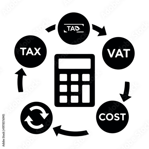 Calculator with surrounding icons for tax VAT cost and financial cycle arrows