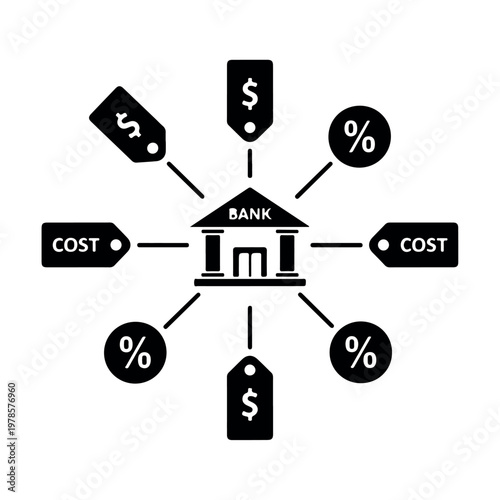 Central banking institution surrounded by financial cost interest rate and dollar tag icons