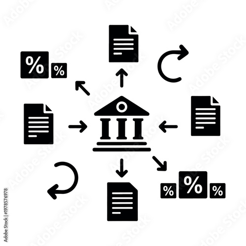 Central government building icon surrounded by financial documents percentage symbols and cyclical arrows vector illustration