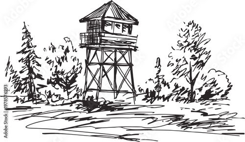 Watchtower in forest landscape sketch hand drawn vintage observation tower with trees and natural scenery
