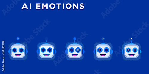 A series of blue cartoon robots displaying varying emotional expressions
