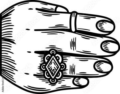 hand with ornate ring vintage jewelry illustration, detailed finger accessory, decorative costume element