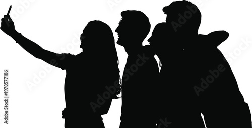 Black silhouette of four people standing together taking group selfie with smartphone, modern social activity vector illustration for photography concept