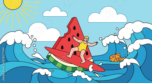 A fun summer ride on a slice of fruit, surfing the ocean waves with a fish friend