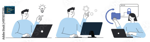 Set of Software Development and Data Security Concept Vector Illustrations with People Working on Laptop and Computer, Coding, Idea, Settings, File Transfer, and Protection.