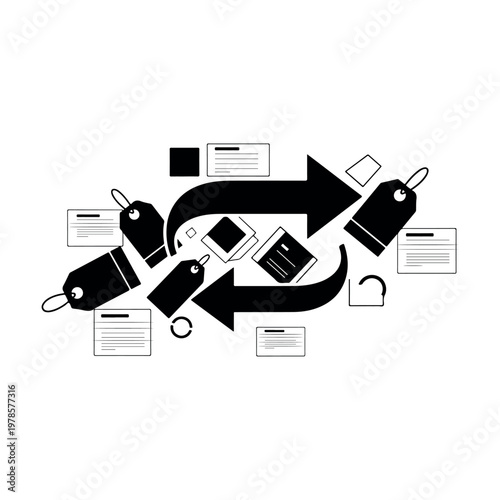 Dynamic vector illustration depicting product information exchange and pricing data flow with interconnected labels and documents