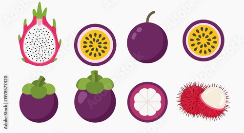 Discover a colorful assortment of delicious tropical fruits, presenting dragon fruit, mangosteen, passion fruit, and rambutan