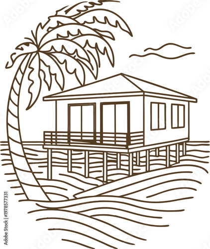 Tropical beach bungalow on stilts with palm tree and ocean waves simple line art drawing