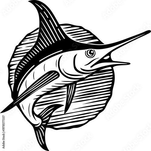 Sailfish swimming with raised dorsal fin and long pointed bill in ocean water background