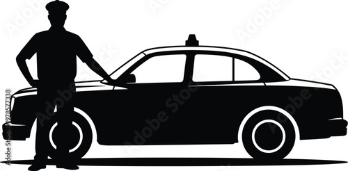 Black silhouette vector illustration of taxi driver standing beside car with roof sign, simple white background commercial transport concept
