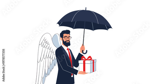 Businessman with angel wings holds a blue umbrella and a white gift box symbolizing guardian support and generosity.