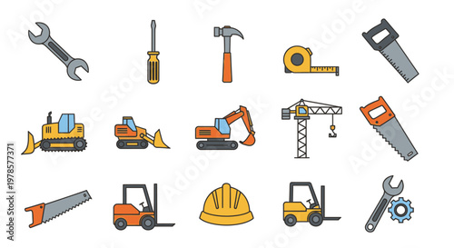 Construction tools and equipment icons.