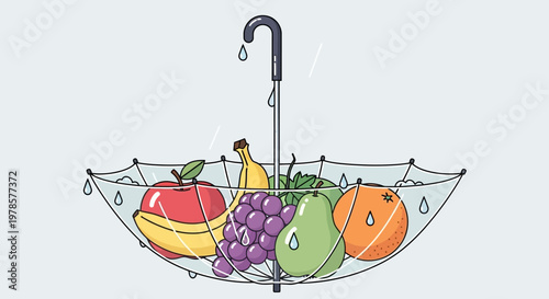 Creative depiction of a vibrant fruit assortment gathered within an inverted umbrella, symbolizing freshness and healthy living