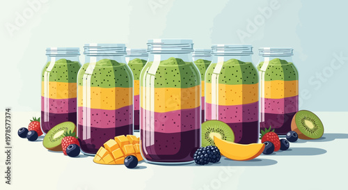 Vibrant Layered Fruit Smoothies in Glass Jars with Fresh Berries and Tropical Fruits, Healthy Refreshing Beverage
