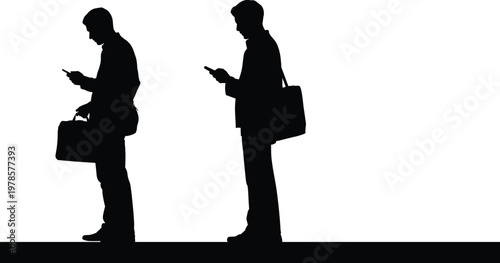 Black silhouette vector illustration of two people standing with mobile phones and bags, modern digital lifestyle communication concept
