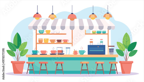 vector Cozy Cafe Interior with Bar and Stools, Inviting Atmosphere