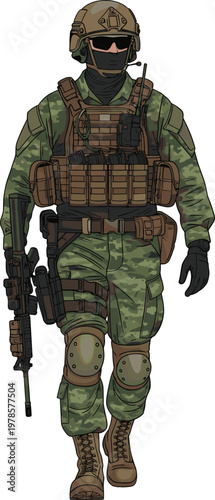 Detailed vector silhouette of modern soldier in camouflage tactical gear holding rifle with helmet, vest, boots, and combat equipment