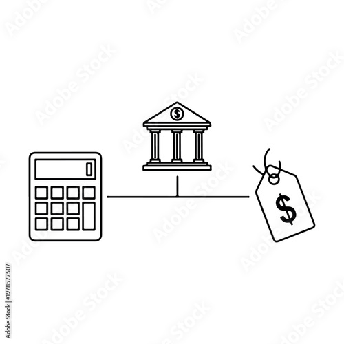Financial planning icon set with calculator bank building and price tag symbolizing budget and cost estimation