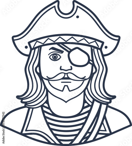 Pirate captain icon with eyepatch and hat male sailor with mustache and beard in striped shirt and coat