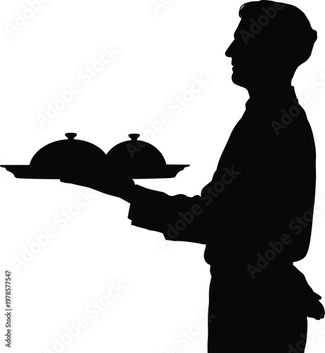 Elegant silhouette waiter carrying serving tray with covered dishes, hospitality service concept, professional restaurant staff illustration on white background