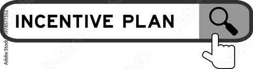 Search banner in word incentive plan with hand over magnifier icon on white background