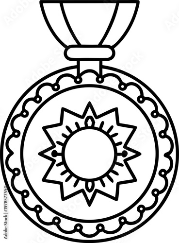 decorative medal with sun emblem and ornate border hanging on ribbon