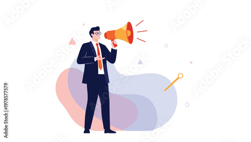 Professional businessman in a suit uses a megaphone to make a loud announcement or public statement in an office setting.