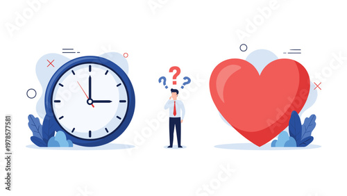 Puzzled businessman stands between a large clock and a red heart symbolizing the conflict between time and passion.