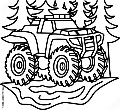 Off road monster truck with big wheels driving through muddy terrain and forest trees outline drawing