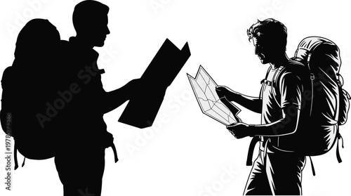 Black silhouette vector illustration of two travelers with backpacks holding maps, outdoor hiking exploration navigation concept on white background