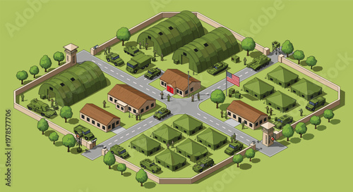Isometric vector illustration of military base with soldiers, vehicles, hangars, medical facility, flag, perimeter wall, gates and guard towers