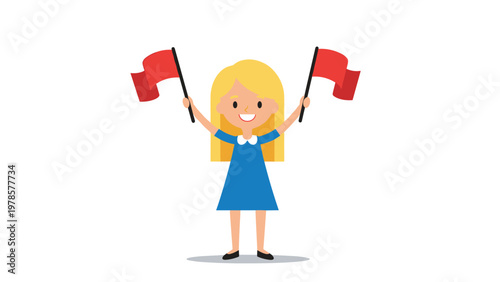Happy young blonde girl in a blue dress holds up two red flags in a celebratory gesture against a white background.
